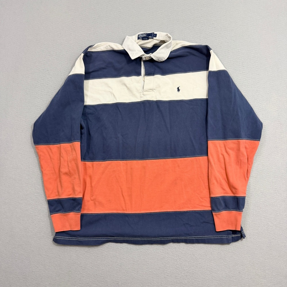 Vintage Polo Ralph Lauren Rugby Shirt Large Blue Orange Striped Long Sleeve y2k